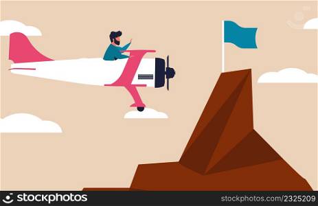 Goal investment with man on plane. Reach achievement business and shortcut top skill vector illustration concept. Leadership success target and motivation working. Efficiency direction management