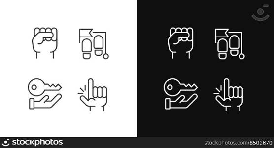 Goal setting pixel perfect linear icons set for dark, light mode. Development and progress. Corporate access. Thin line symbols for night, day theme. Isolated illustrations. Editable stroke. Goal setting pixel perfect linear icons set for dark, light mode