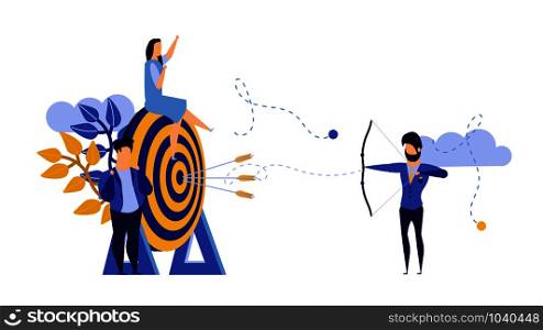 Goal strategy teamwork journey target with bow arrow. Achievement action business communication job employee. Success job dart concept illustration vector. Bullseye solution focus center dartboard
