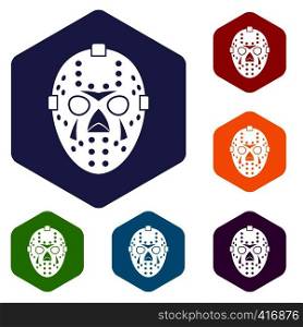 Goalkeeper mask icons set rhombus in different colors isolated on white background. Goalkeeper mask icons set