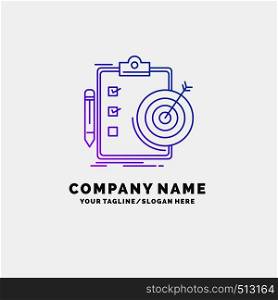 goals, report, analytics, target, achievement Purple Business Logo Template. Place for Tagline. Vector EPS10 Abstract Template background