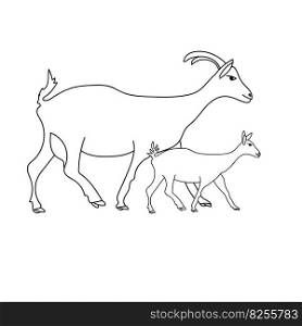 Goat and kid, mom and baby animals, coloring book page for children learning, pets vector outline illustration for design and creativity