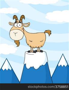 Goat Cartoon Character On Top Of A Mountain Peak
