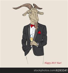 Goat dressed up in tuxedo with a glass of champagne, Happy New 2015 Year, Chinese horoscope