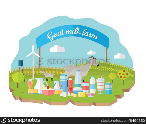 Goat milk farm concept vector flat design. Organic farming, traditional products. Set of dairy products in different glass, plastic, paper packing, animals, wind turbine, field, garden, banner behind. Organic Milk Farm Concept Web Banner. Organic Milk Farm Concept Web Banner