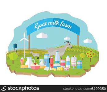 Goat milk farm concept vector flat design. Organic farming, traditional products. Set of dairy products in different glass, plastic, paper packing, animals, wind turbine, field, garden, banner behind. Organic Milk Farm Concept Web Banner. Organic Milk Farm Concept Web Banner