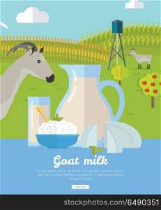 Goat milk. Milk farm concept banner vector flat design. Organic farming, traditional products. Clean naturally produced food. Glass of milk, cheese, butter on the background of farm and goat.. Goat Dairy. Milk Farm Concept Banner Vector. Goat Dairy. Milk Farm Concept Banner Vector