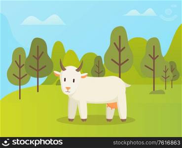 Goat side view, standing in park or forest, wildlife animal and mountain landscape with trees, cloudy sky. Horns white animal with udder, nature vector. Horns Animal, Goat in Forest, Wildlife Vector