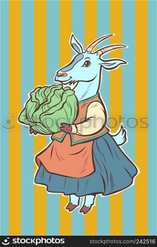 goat with cabbage. fairytale character. Comic cartoon pop art retro vector illustration drawing. goat with cabbage. fairytale character