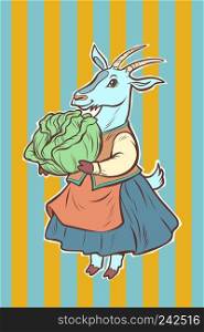 goat with cabbage. fairytale character. Comic cartoon pop art retro vector illustration drawing. goat with cabbage. fairytale character