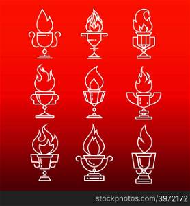 Goblet of fire line icons set - trophy cup with fire flame. Vector illustration. Goblet of fire