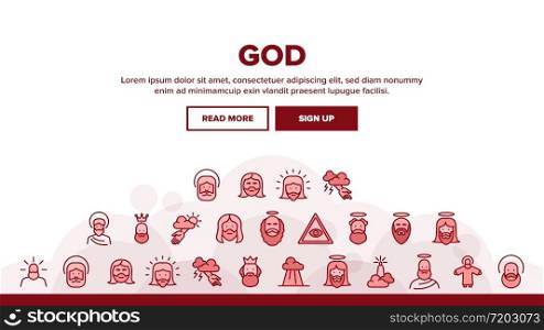 God Christian Religion Landing Web Page Header Banner Template Vector. Christianity And Catholic God, Heaven And Hand From Cloud, All-seeing Eye And Jesus Illustrations. God Christian Religion Landing Header Vector
