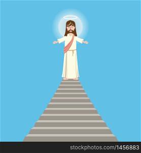 God, Jesus christian religion, grace, good, Biblical ascension on the top of the stairs concept. God, Jesus christian religion, grace, good, Biblical ascension on the top of the stairs concept. Character of Jesus christ, the son of god concept sketch. Isolated vector illustration