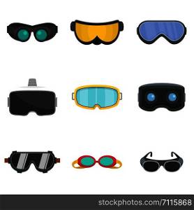 Goggles ski glass mask icons set. Flat illustration of 9 goggles ski glass mask vector icons isolated on white. Goggles ski glass mask icons set, flat style