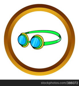 Goggles vector icon in golden circle, cartoon style isolated on white background. Goggles vector icon