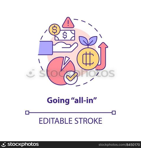 Going all in concept icon. Cryptocurrency trader fail. Common crypto mistake abstract idea thin line illustration. Isolated outline drawing. Editable stroke. Arial, Myriad Pro-Bold fonts used. Going all in concept icon