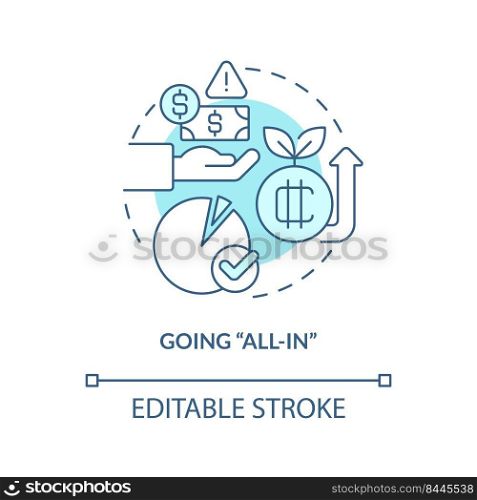 Going all in turquoise concept icon. Cryptocurrency trader fail. Crypto mistake abstract idea thin line illustration. Isolated outline drawing. Editable stroke. Arial, Myriad Pro-Bold fonts used. Going all in turquoise concept icon