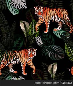 Going exotic animal tiger in the dark jungle pattern black background illustration seamless vector trendy composition beach wallpaper