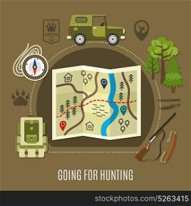Going For Hunting Concept. Going for hunting concept with car rifle and map flat vector illustration