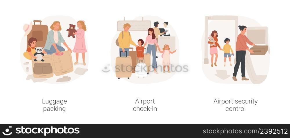 Going on vacation isolated cartoon vector illustration set. Luggage fun packing, get ready for vacation, family make airport check-in, stand in line, go through security control vector cartoon.. Going on vacation isolated cartoon vector illustration set.