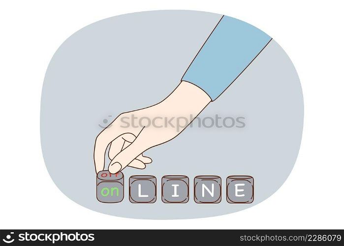 Going online from offline concept. Human hand turning buttons pulling offline word to online getting out of quarantine period vector illustration . Going online from offline concept