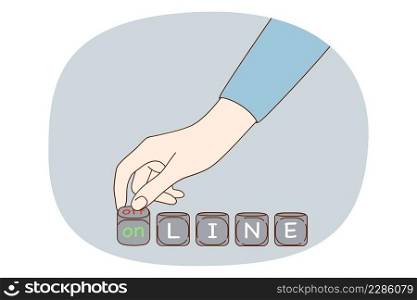 Going online from offline concept. Human hand turning buttons pulling offline word to online getting out of quarantine period vector illustration . Going online from offline concept