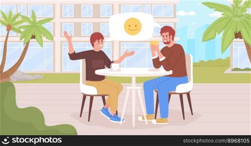 Going out to≥ther flat color vector illustration. Teena≥boy having good conversation with father over tea drinking. Fully editab≤2D simp≤cartoon characters with cityscape on background. Going out to≥ther flat color vector illustration