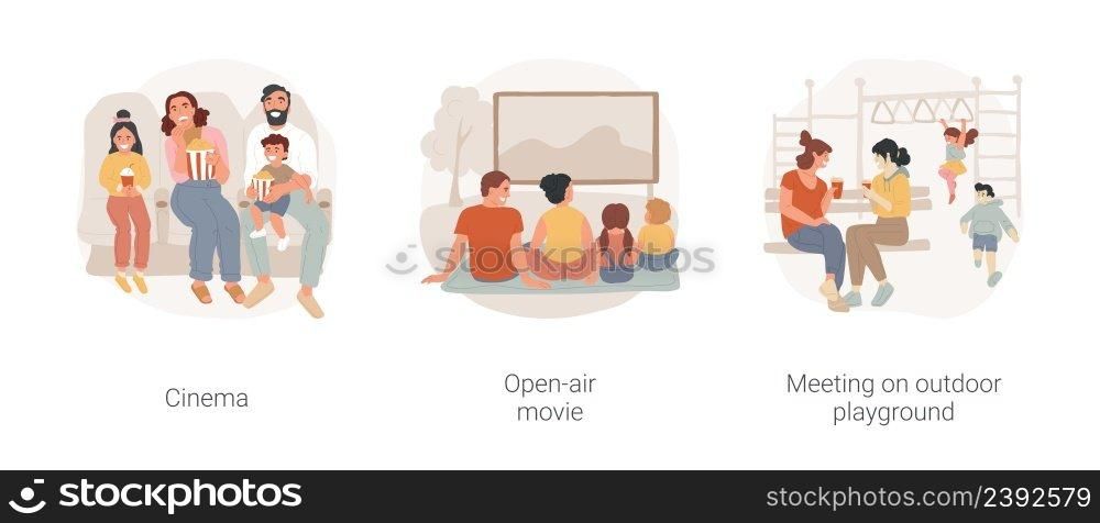 Going out with friends isolated cartoon vector illustration set. Watch movie together, eat popcorn, going to the open air cinema, meeting on outdoor playground, children play vector cartoon.. Going out with friends isolated cartoon vector illustration set.