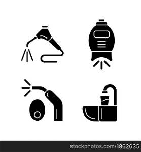 Going to dentist black glyph icons set on white space. Moistening patient mouth. Teeth whitening machine. LED curing light. Dental spit bowl. Silhouette symbols. Vector isolated illustration. Going to dentist black glyph icons set on white space