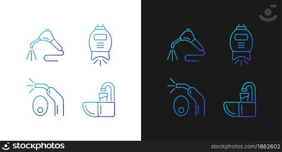 Going to dentist gradient icons set for dark and light mode. Moistening mouth. Whitening machine. Thin line contour symbols bundle. Isolated vector outline illustrations collection on black and white. Going to dentist gradient icons set for dark and light mode