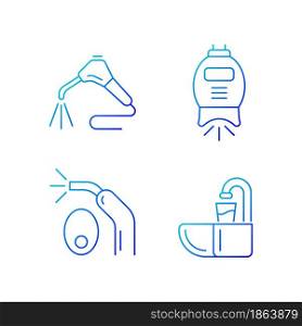 Going to dentist gradient linear vector icons set. Moistening patient mouth. Teeth whitening machine. LED curing light. Thin line contour symbols bundle. Isolated outline illustrations collection. Going to dentist gradient linear vector icons set