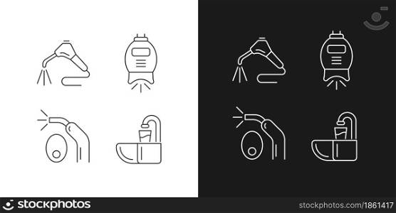 Going to dentist linear icons set for dark and light mode. Moistening patient mouth. Teeth whitening machine. Customizable thin line symbols. Isolated vector outline illustrations. Editable stroke. Going to dentist linear icons set for dark and light mode