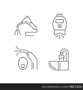 Going to dentist linear icons set. Moistening patient mouth. Teeth whitening machine. LED curing light. Customizable thin line contour symbols. Isolated vector outline illustrations. Editable stroke. Going to dentist linear icons set