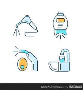 Going to dentist RGB color icons set. Moistening patient mouth. Teeth whitening machine. LED curing light. Dental spit bowl. Isolated vector illustrations. Simple filled line drawings collection. Going to dentist RGB color icons set