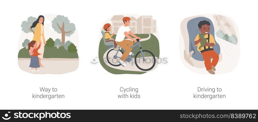Going to kindergarten isolated cartoon vector illustration set. Way to kindergarten, cycling with kids, driving with kids, walking on a sidewalk, family routine in early childhood vector cartoon.. Going to kindergarten isolated cartoon vector illustration set.