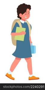 Going to lunch at school semi flat RGB color vector illustration. Happy female kid with backpack isolated cartoon character on white background. Going to lunch at school semi flat RGB color vector illustration