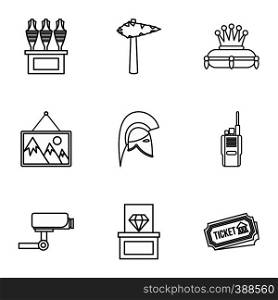 Going to museum icons set. Outline illustration of 9 going to museum vector icons for web. Going to museum icons set, outline style