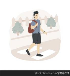 Going to school independently isolated cartoon vector illustration Confident young teenager walking independently, crossing the street, wearing backpack, going to school alone vector cartoon.. Going to school independently isolated cartoon vector illustration