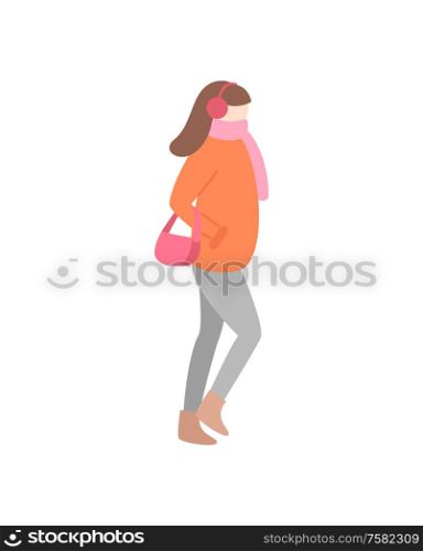 Going woman in warm down-jacket with pink scarf and handbag, wearing earmuffs. Side view of girl, vector illustration in flat style isolated on white. Side View of Going Girl in Warm Clothes Vector