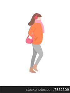 Going woman in warm down-jacket with pink scarf and handbag, wearing earmuffs. Side view of girl, vector illustration in flat style isolated on white. Side View of Going Girl in Warm Clothes Vector