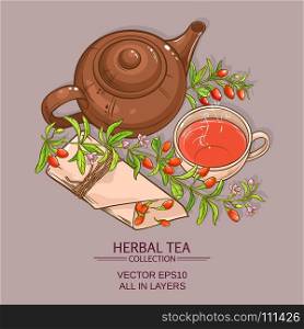 goji tea vector illustration. cup of goji berries tea and teapot on color background