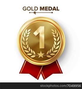 Gold 1st Place Medal Vector. Metal Realistic Badge With First Placement Achievement. Round Label With Red Ribbon, Laurel Wreath, Star. Winner Honor Prize. Competition Game Golden Winner Trophy Award. Gold 1st Place Medal Vector. Metal Realistic Badge With First Placement Achievement. Round Label With Red Ribbon, Laurel Wreath, Star. Winner Honor Prize.