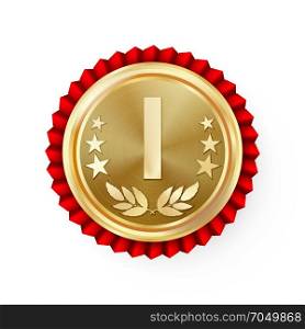 Gold 1st Place Rosette, Badge, Medal Vector. Realistic Achievement With Best First Placement. Round Championship Label With Red Rosette. Ceremony Winner Honor Prize. Sport Game Golden Challenge Award. Gold 1st Place Rosette, Badge, Medal Vector. Realistic Achievement With Best First Placement. Round Championship Label With Red Rosette. Ceremony Winner Honor Prize.