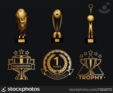 Gold 1st place trophy cups and medals set. Awards for great achievements. Shiny champion rewards with globe model realistic vector illustrations.. Gold Trophy Cups and Medals for 1st Place Set