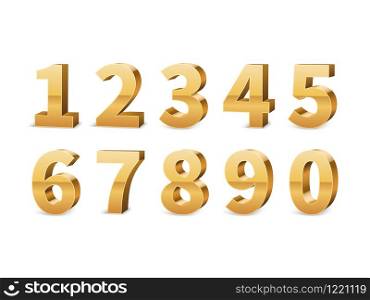 Gold 3d numbers. Big golden number luxury symbols for typography elegant design, yellow conceptual typeface anniversary elements contemporary isolated vector set. Gold 3d numbers. Big golden number luxury symbols for typography elegant design, yellow conceptual typeface anniversary elements vector set