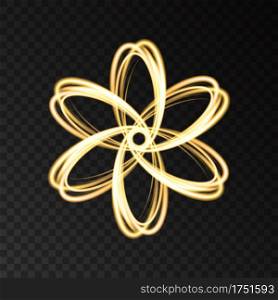 Gold  abstract  flower  isolated on dark background. Vector light effect trace. Golden neon logo for  cosmetic, fashion, eco, bio company, yoga or spa salon