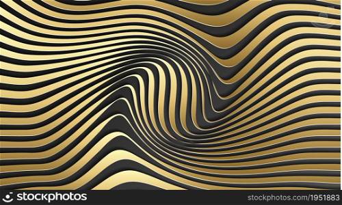 Gold abstract stripe pattern background.Optical illusion, twisted lines, abstract curves background. The illusion of depth and perspective.Abstract 3d vector illustration.. Gold on black 3d dark background. Elegant abstract stripe pattern.