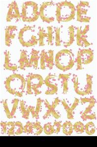 gold alphabet and numbers entwined with pink hearts