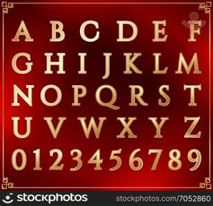 Gold alphabet set. Gold alphabet set. Alphabetic font and numbers. Latin alphabet letters. Red background. Vector letter design illustration.