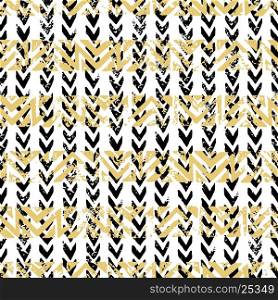 Gold and black abstract grunge vector geometric seamless background print. Stripped shevron pattern for card, cover, invitation, wallpaper, web design, fabric, textile, clothes